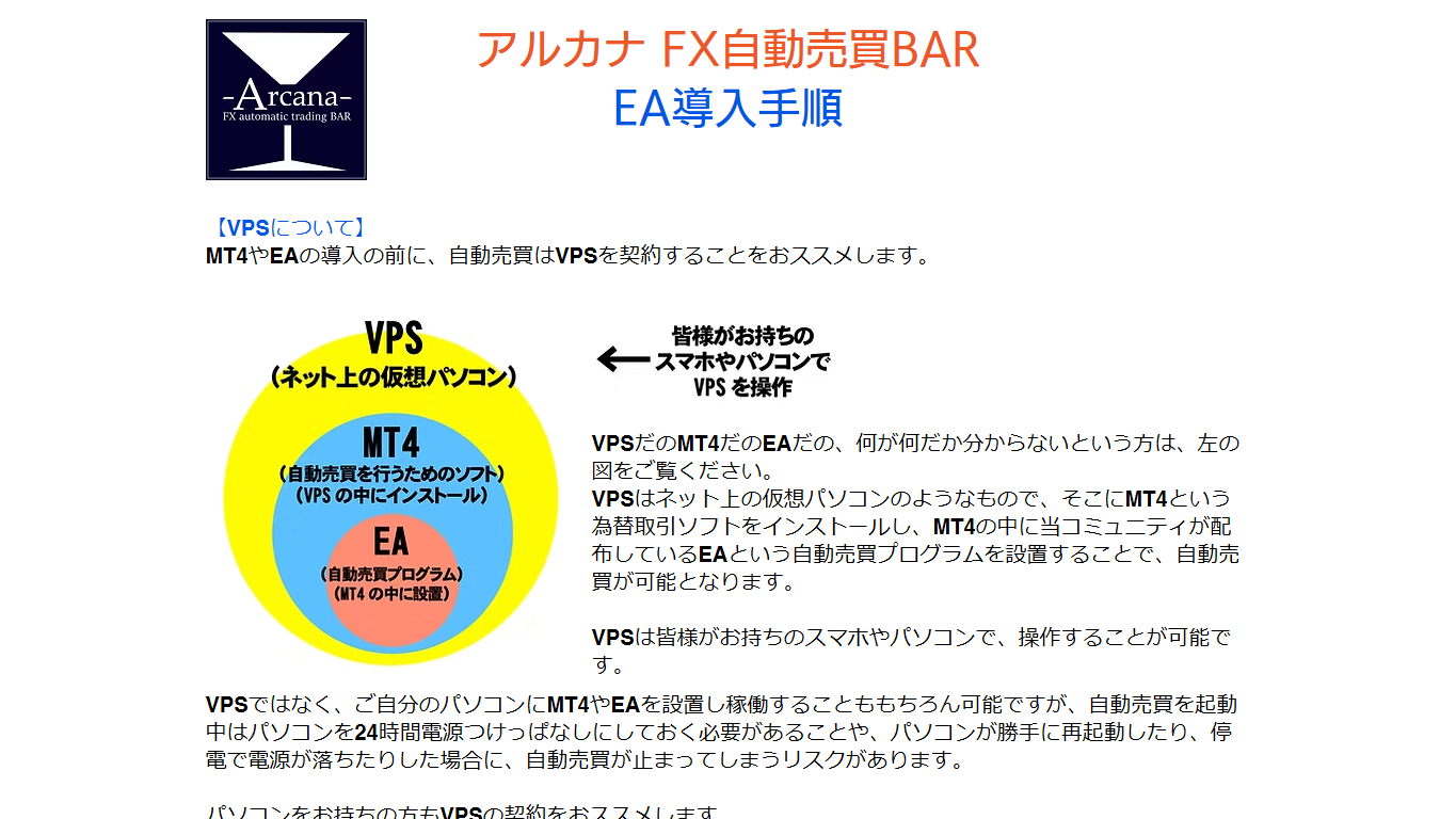 アルカナFX自動売買BARは安全?無料EAの導入手順と注意点を調査 4 引用元:アルカナFX自動売買BAR導入手順ページ